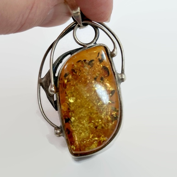 Amber Pendant, Sterling Silver, Large Stone, Modern, Unique, Contemporary - Picture 4 of 5